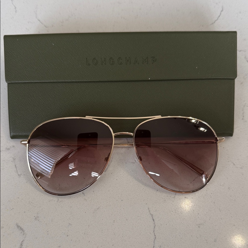 NWOT Longchamp Gold Aviator Sunglasses with Brown Lenses